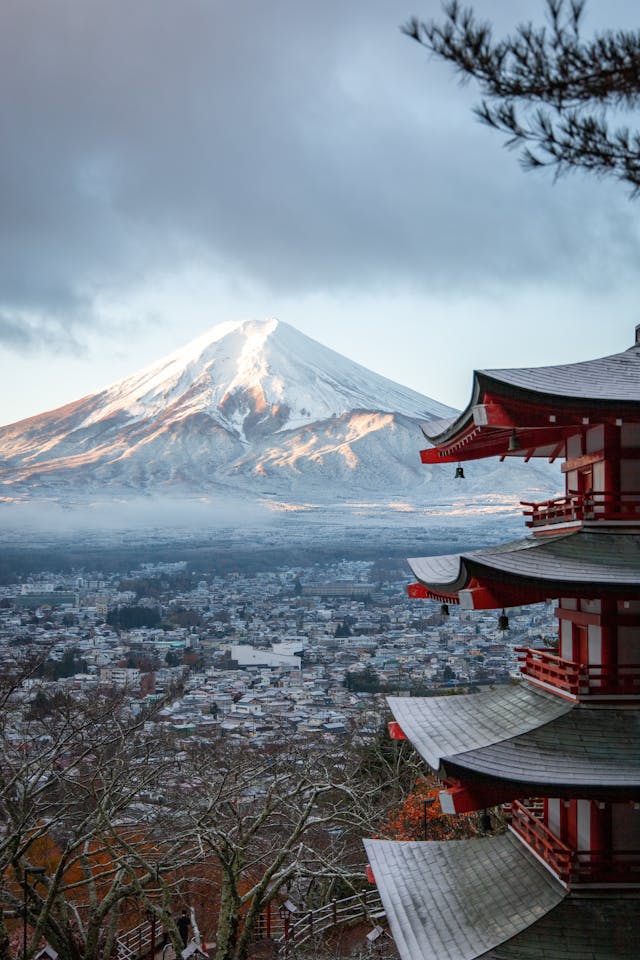 mount fuji view city pagoda japan